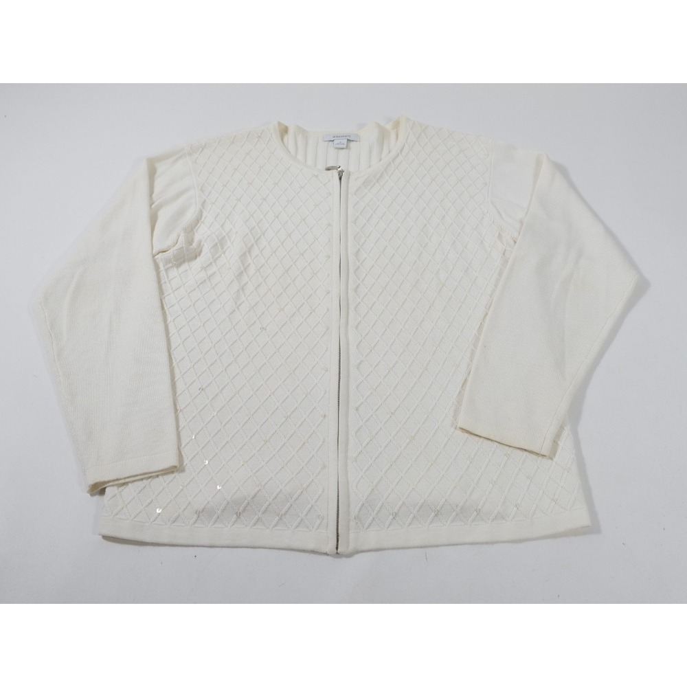 Dressbarn Cardigan Women S Cream Zip Up Sequin Diamond Ribbed Knit Sweater